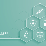 healthcare background with medical symbols in hexagonal frame