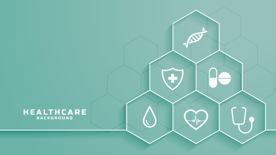 healthcare background with medical symbols in hexagonal frame